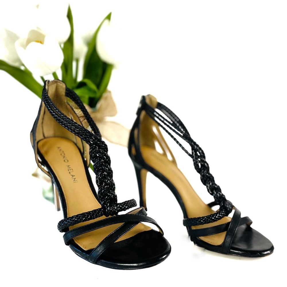 Antonio Melani Black Leather Braided Stapey Open Toe 4" Heel Zip Up Back SZ 6.5